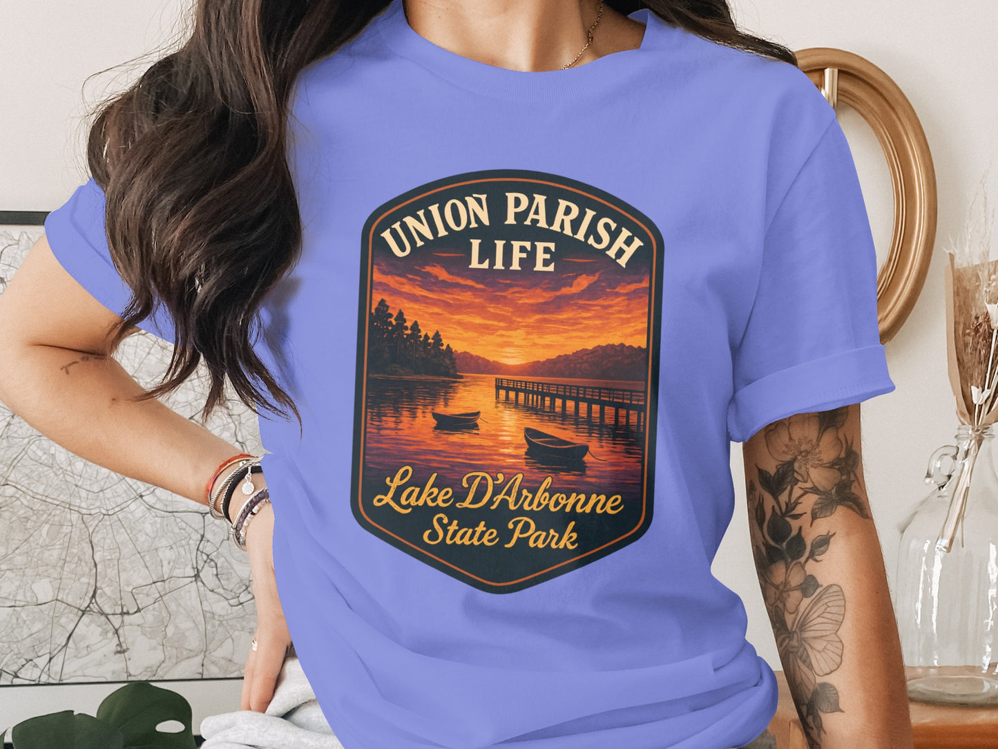 Union Parish Life T-Shirt, Lake D'Arbonne State Park Sunset Graphic Tee, Vibrant Blue Casual Top