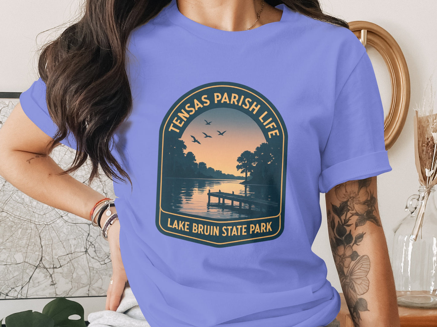 Tensas Parish Life Lake Bruin State Park Graphic T-Shirt, Sunset Nature Design, Casual Summer Outfit, Unique Printed Tee