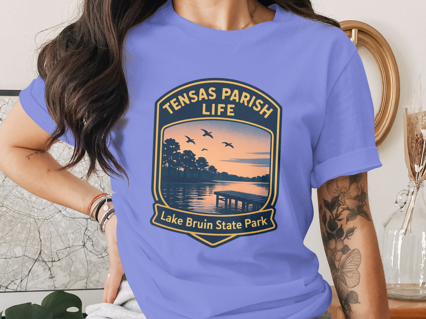 Tensas Parish Life Graphic T-Shirt, Lake Bruin State Park Sunset Tee, Casual Summer Fashion Top, Unique Gift Idea