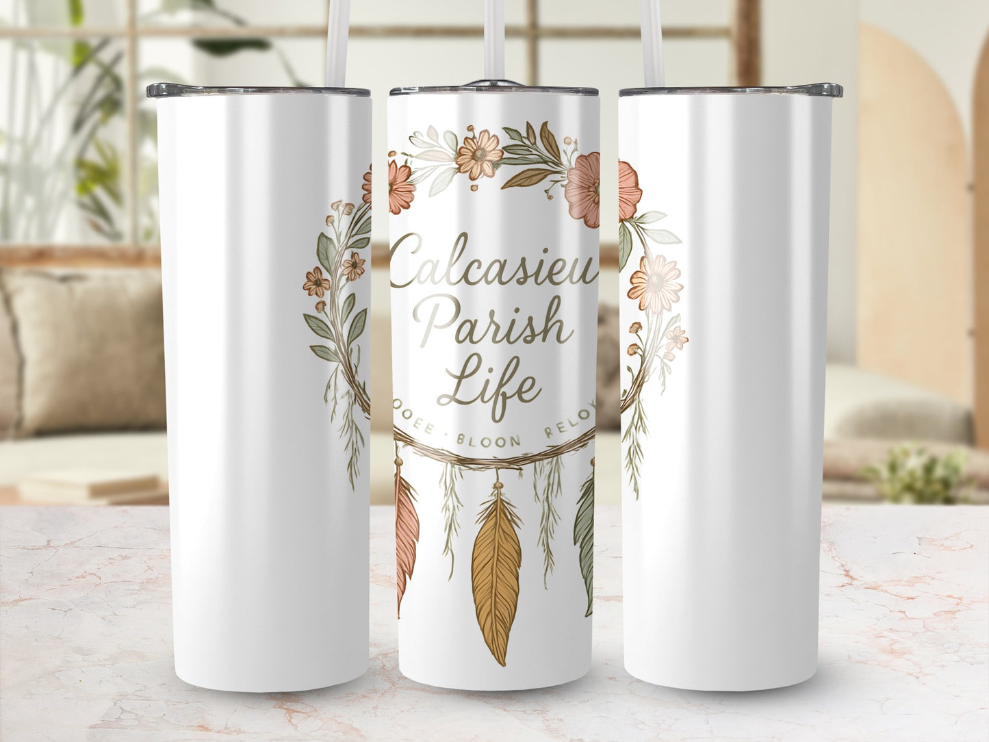 Calcasieu Parish Life Insulated Tumblers, Floral Design Travel Mugs, Stainless Steel Drinkware Set, Elegant Gift Idea