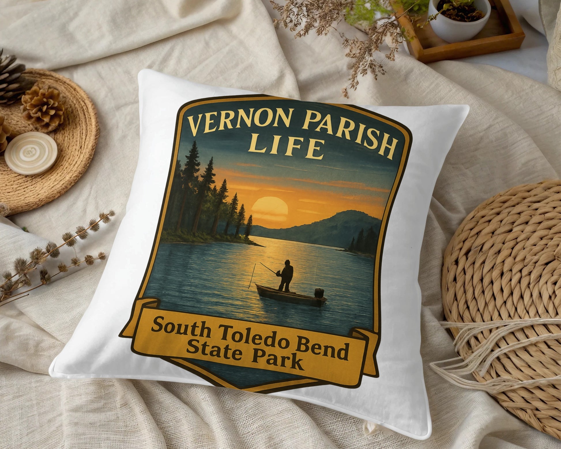 Vernon Parish Life Throw Pillow, South Toledo Bend State Park Sunset Design, Decorative Cushion for Home Decor