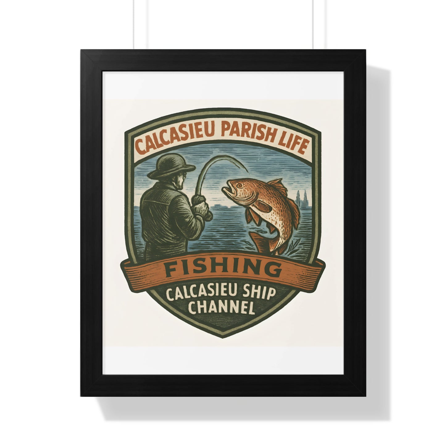 Vintage Calcasieu Parish Life Fishing Poster, Rustic Ship Channel Wall Art, Framed Fisherman and Fish Illustration Decor