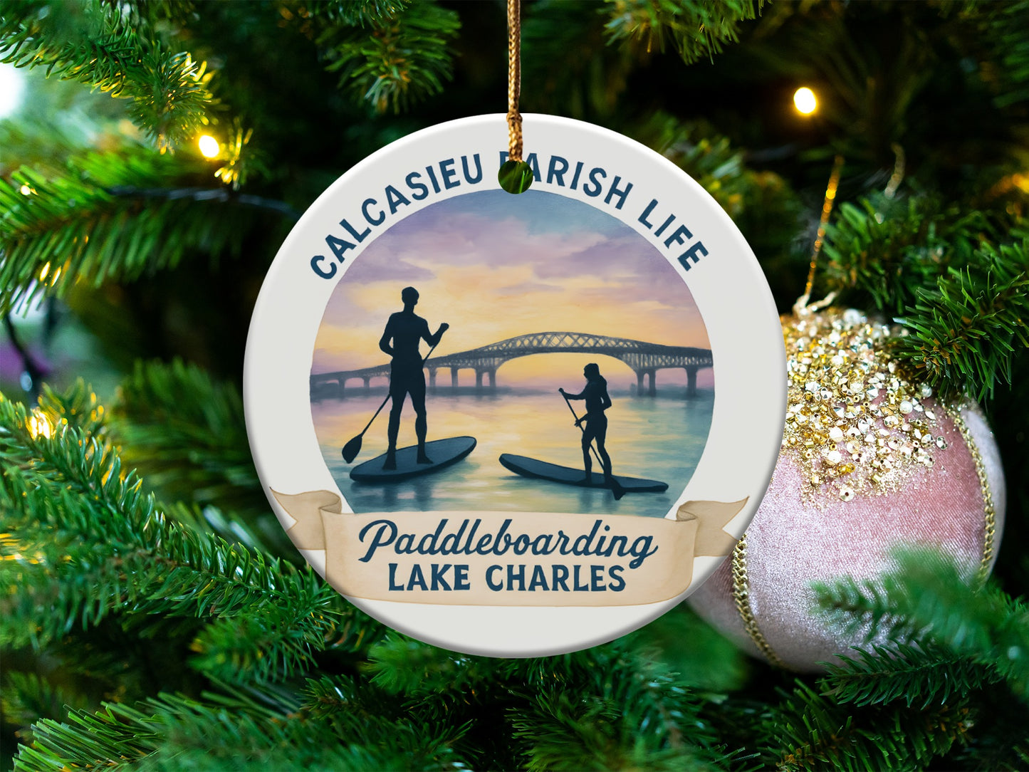 Lake Charles Paddleboarding Ornament, Calcasieu Parish Life, Christmas Tree Decor, Unique Gift for Paddlers