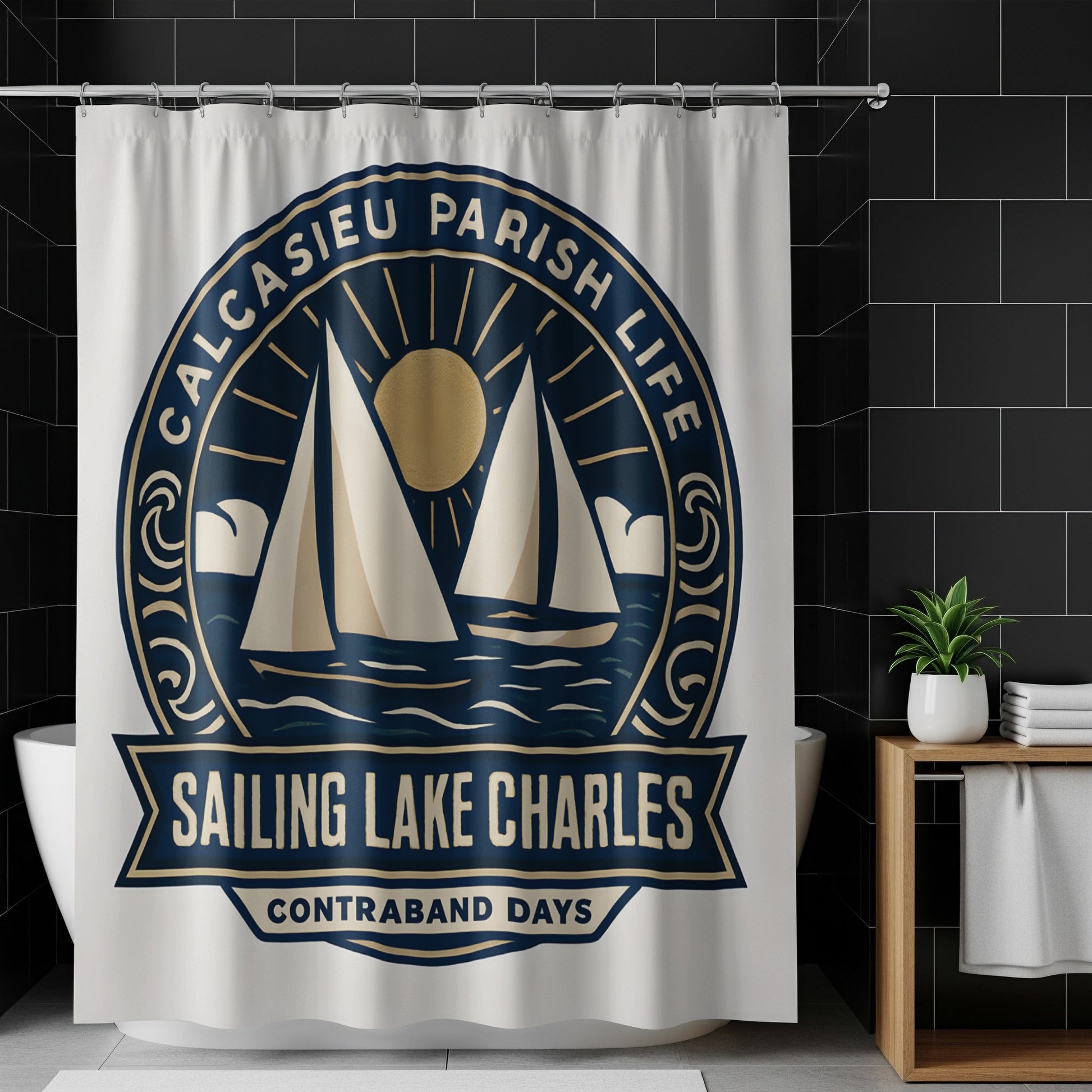 Calcasieu Parish Lake Charles Sailing Shower Curtain, Nautical Bathroom Decor, Contraband Days Boat Design, Unique Gift for Sailors