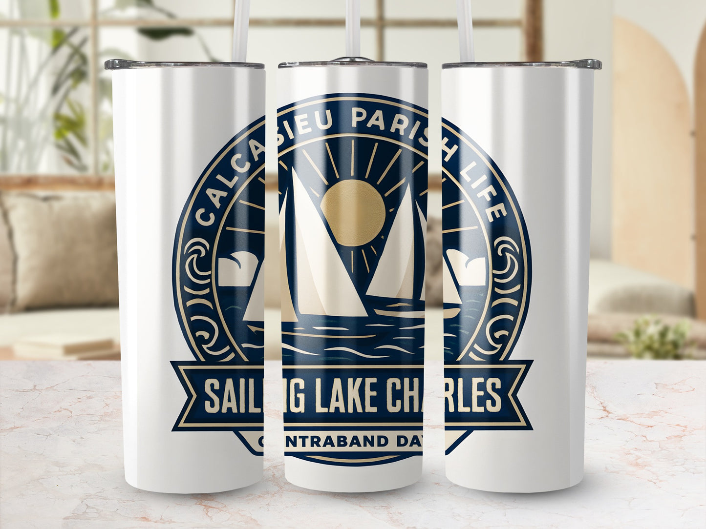 Calcasieu Parish Sailing Lake Charles Tumbler, Contrast Band, Sunshine Graphic, Insulated Drinkware