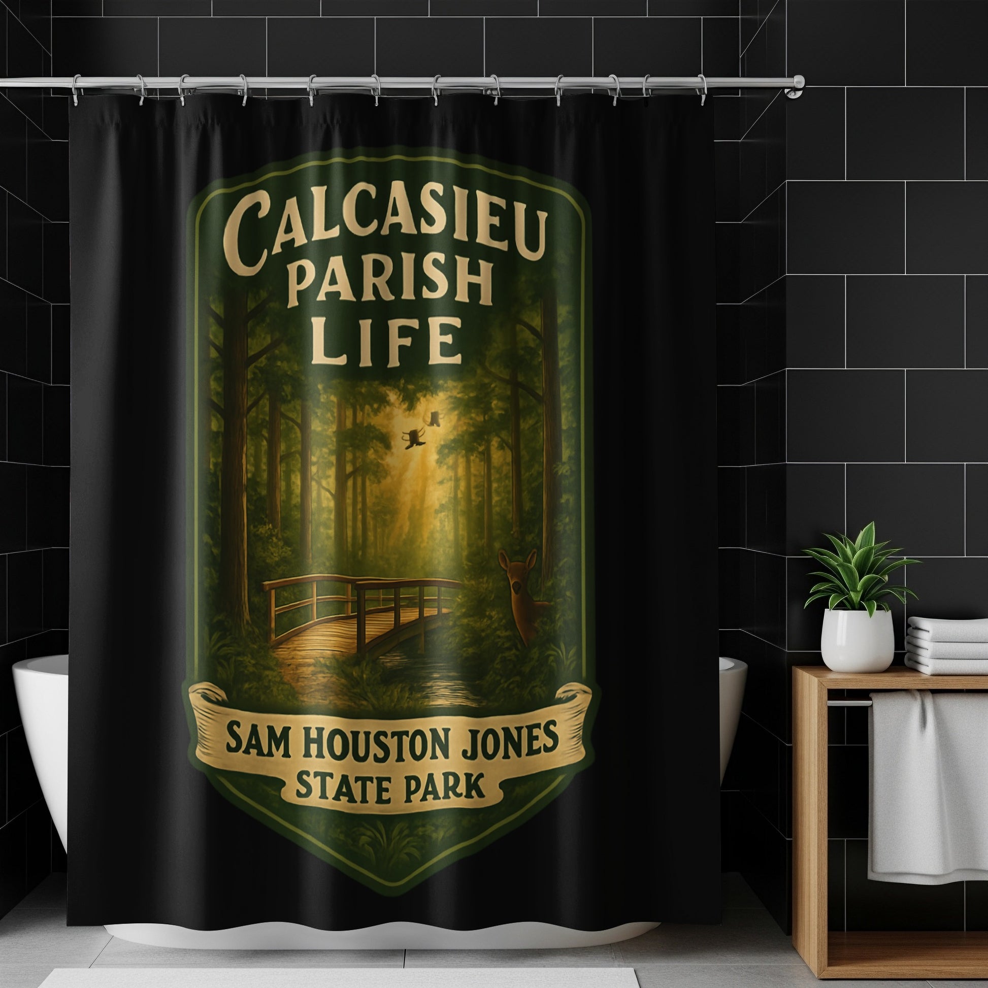 Calcasieu Parish Life Shower Curtain, Sam Houston Jones State Park Decor, Forest Theme Bathroom Accessory, Wildlife Scenic Curtain