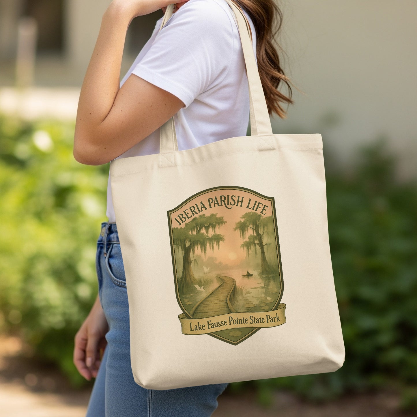 Iberia Parish Life Canvas Tote Bag, Lake Fausse Pointe State Park Graphic, Eco-Friendly Reusable Bag