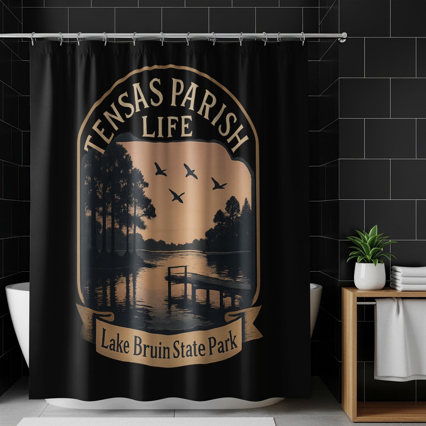 Tensas Parish Life Lake Bruin State Park Shower Curtain, Scenic Lake Design, Bathroom Decor