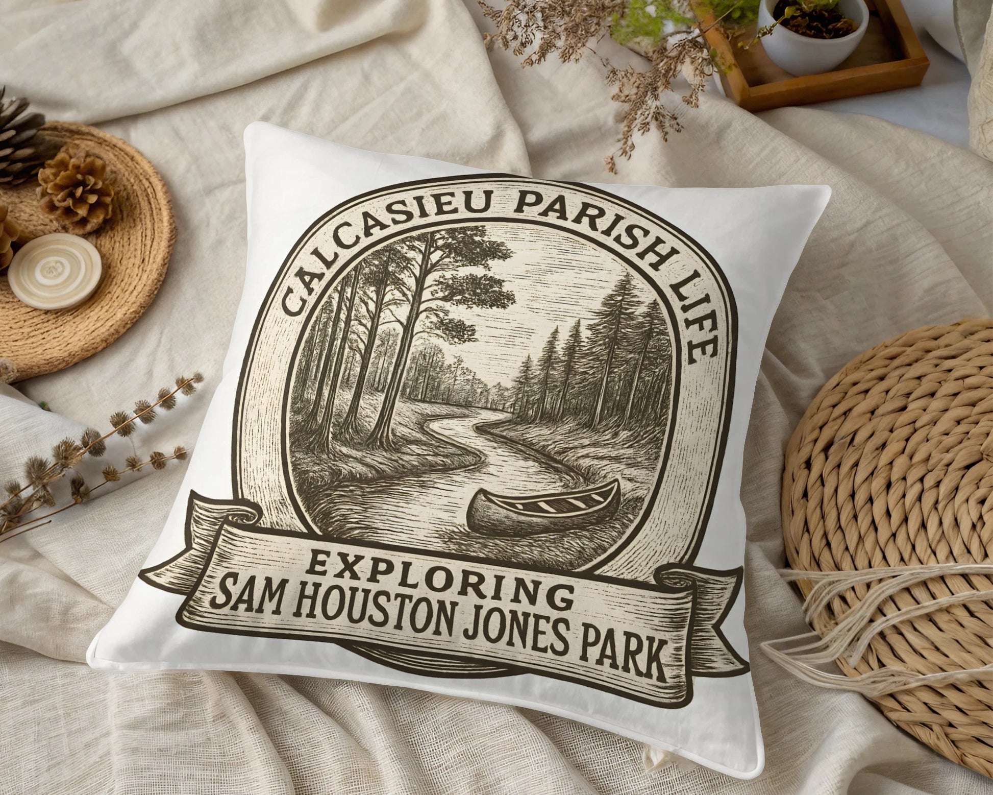 Calcasieu Parish Life Decorative Pillow, Vintage Style Sam Houston Jones Park Illustration, Rustic Home Decor Cushion