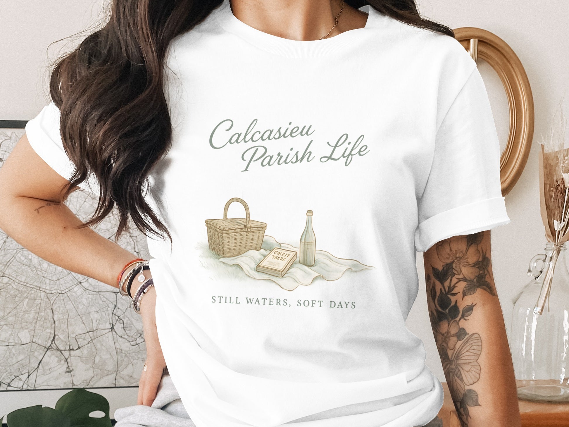 Calcasieu Parish Life White T-Shirt, Still Waters Soft Days, Vintage Picnic Graphic Tee, Casual Summer Fashion Top