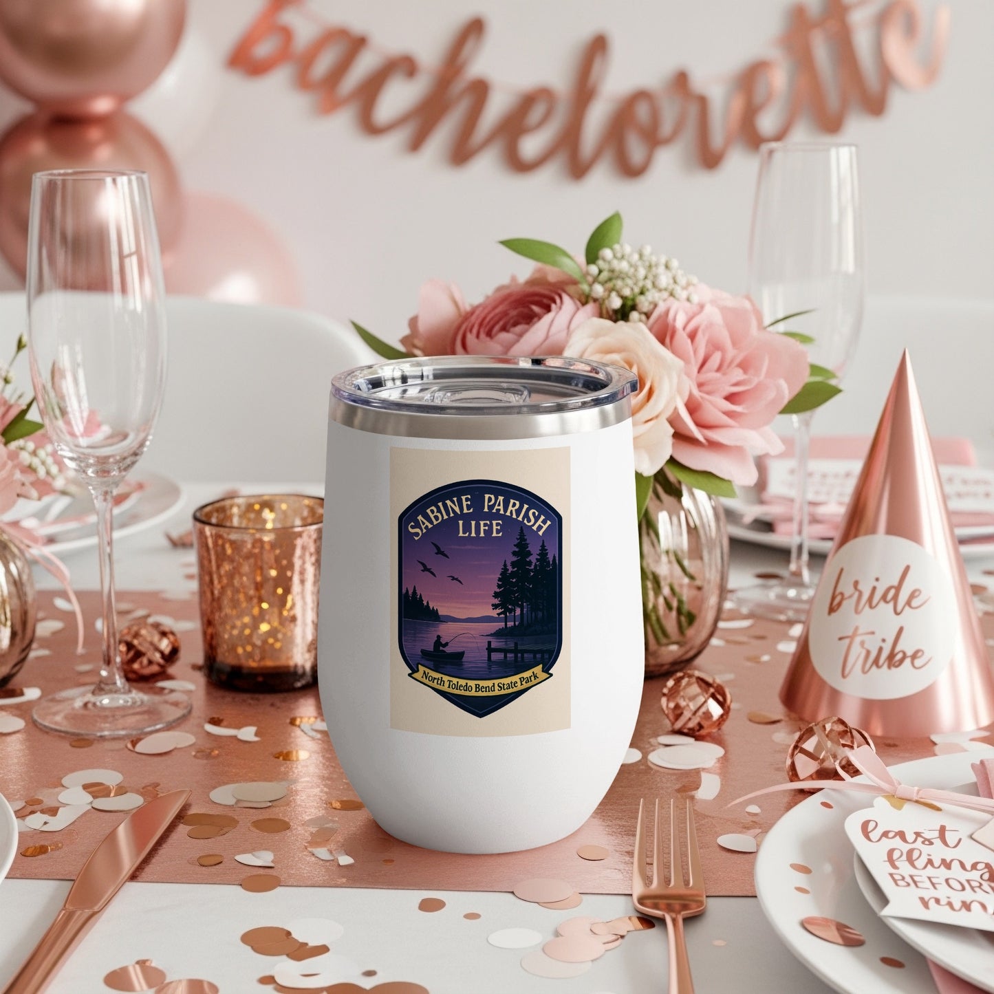 Bachelorette Party Favor Insulated Wine Tumbler, Custom Sabine Parish Life Design, Stainless Steel Drinkware for Bridal Showers