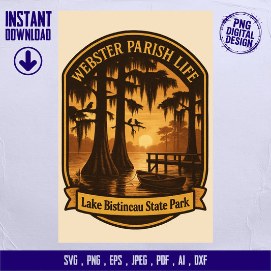 Lake Bistineau State Park SVG, Webster Parish Life Digital Download, Sunset Scenery Illustration, Boat and Trees Graphic File
