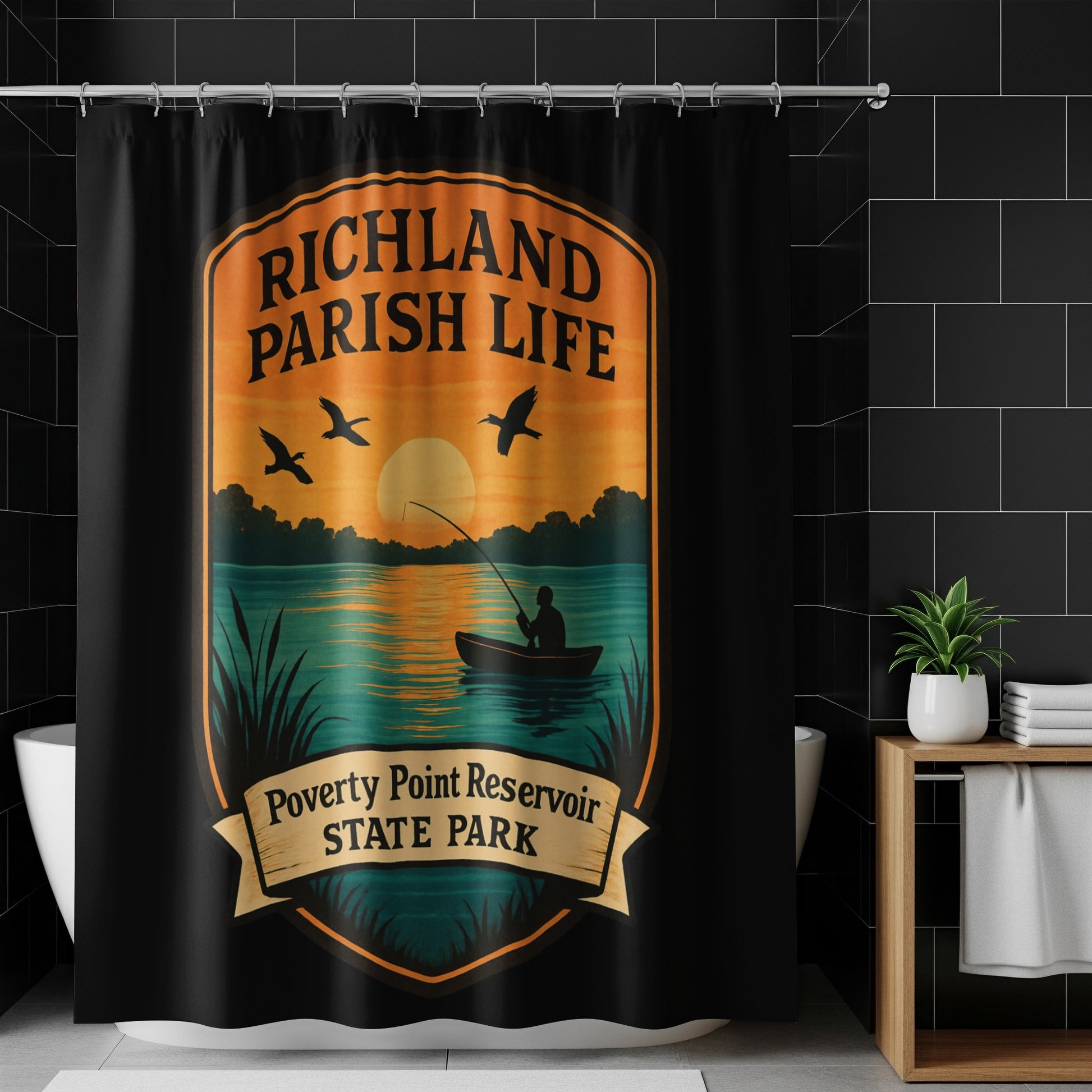 Richland Parish Life Shower Curtain, Poverty Point Reservoir State Park, Sunset Scene with Fisherman, Bird Silhouettes, Home Decor