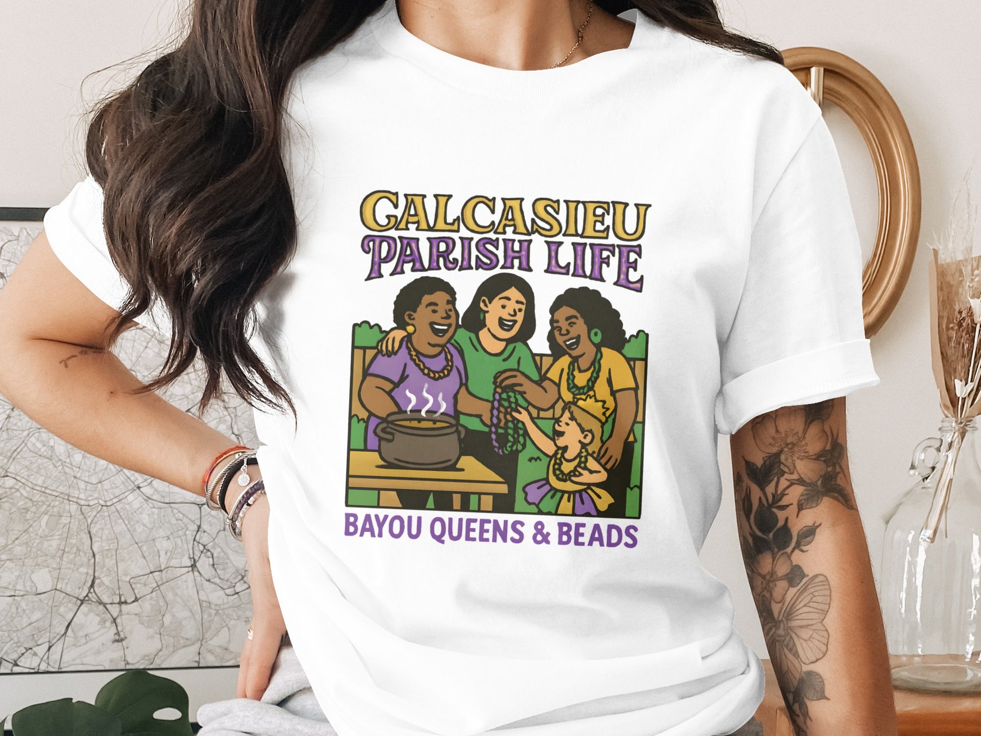 Calcasieu Parish Life T-shirt, Bayou Queens and Beads Graphic Tee, Colorful Women Illustration, Casual Wear