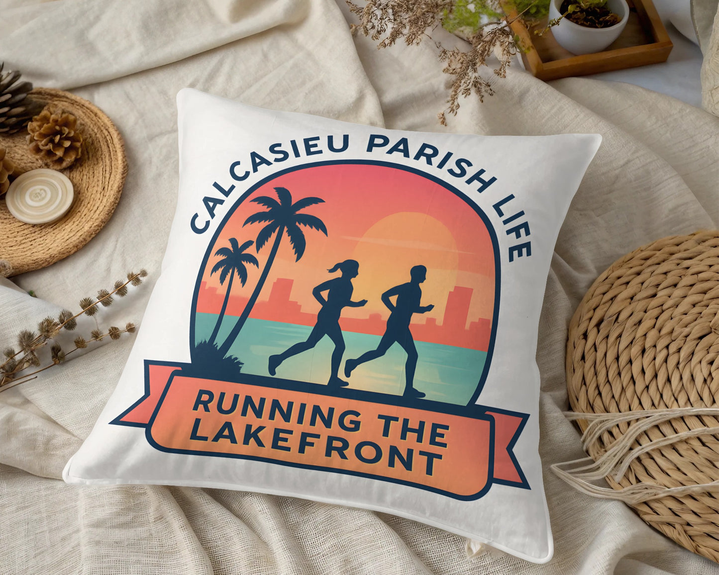 Calcasieu Parish Life Running the Lakefront Decorative Pillow, Vibrant City Skyline Cushion