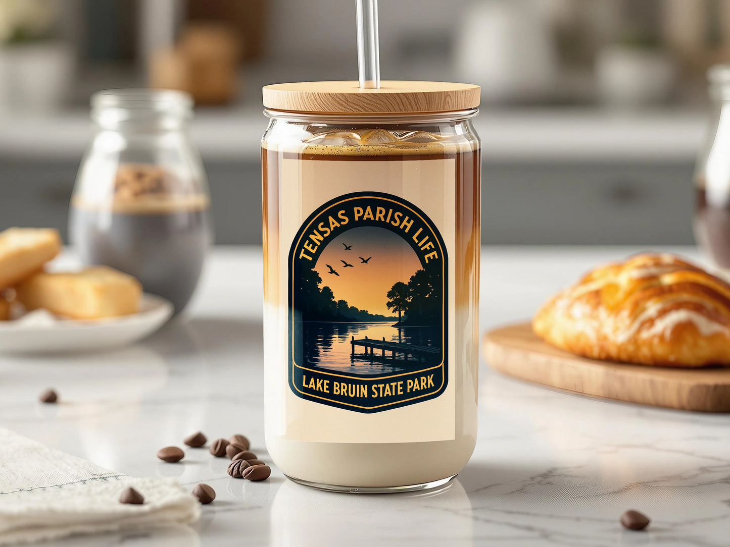 Tensas Parish Life Lake Bruin State Park Jar, Vintage Sunset Graphic, Kitchen Decor, Aesthetic Glass Jar with Lid and Spoon, Perfect for