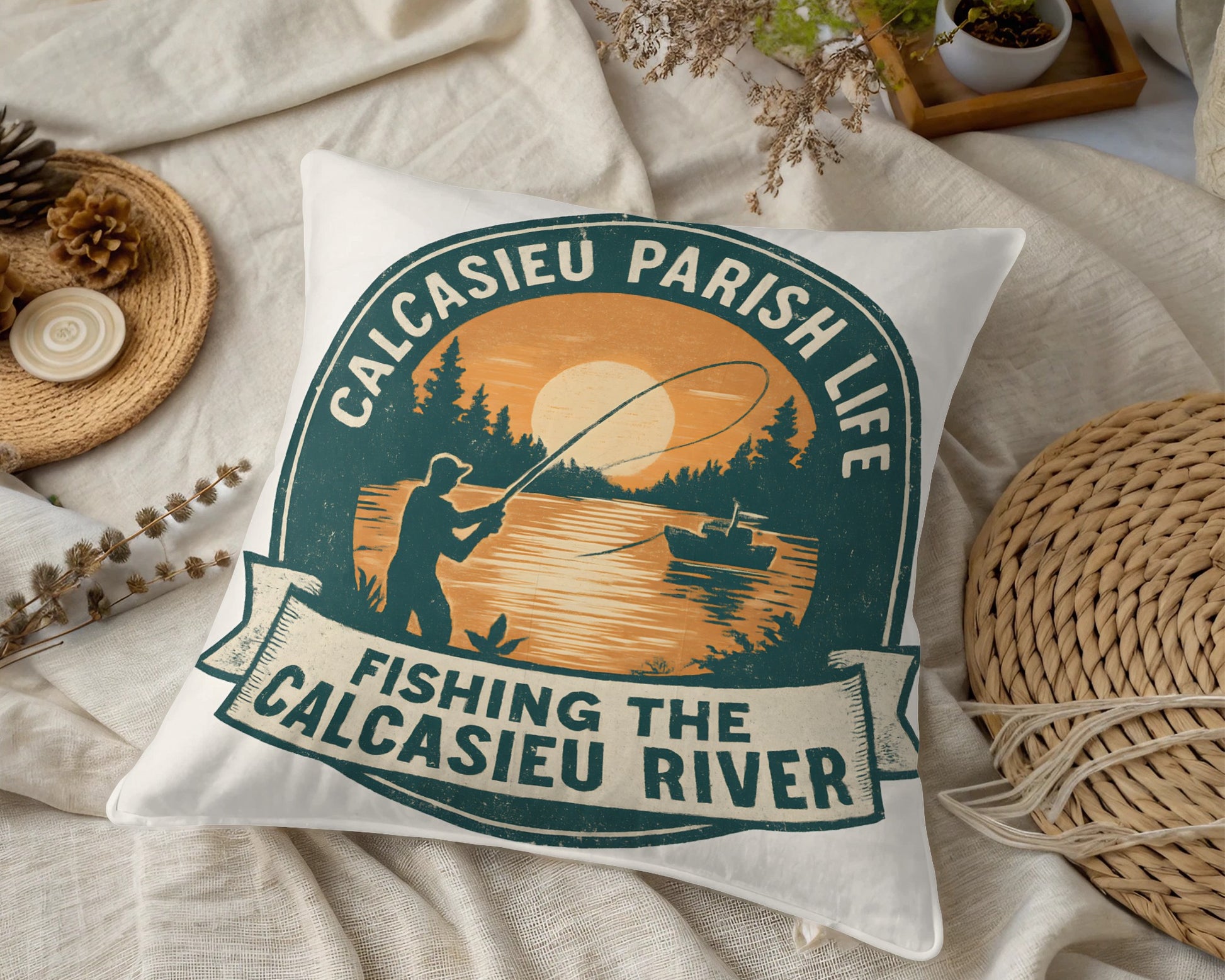 Vintage Fishing Pillow Cover, Calcasieu River Design, Rustic Cabin Decor, Outdoor Themed Bedroom Accessory