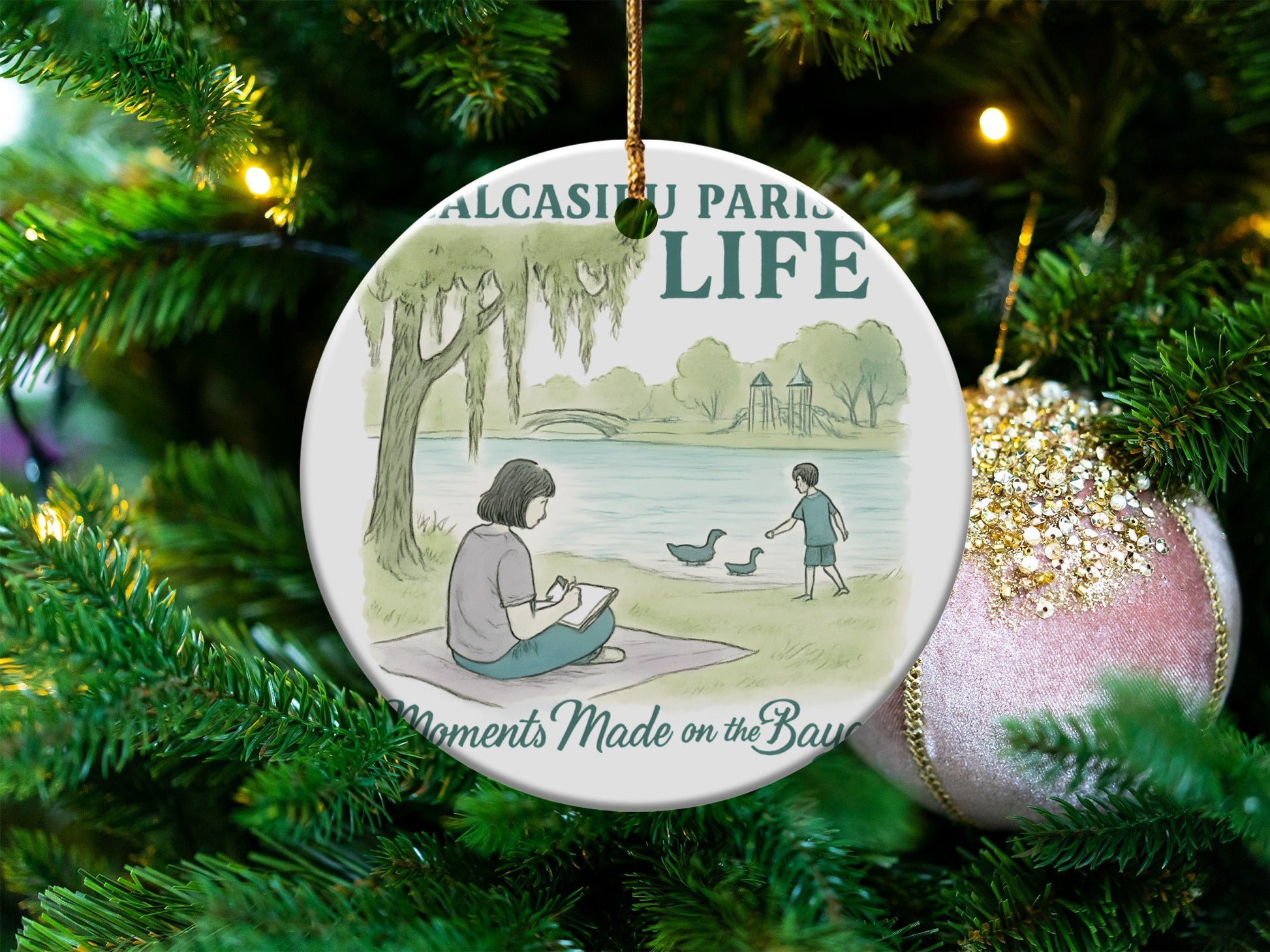 Calcasieu Parish Life Themed Ceramic Ornament, Bayou Scene Hand-Painted Keepsake, Christmas Tree Decoration, Unique Holiday Gift