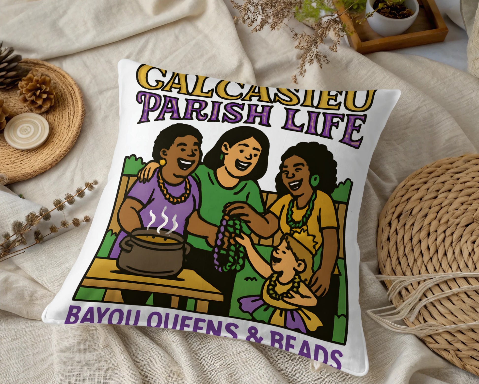 Calcasieu Parish Life Cushion Cover, Bayou Life, Family Cooking Illustration, Home Decor Pillow