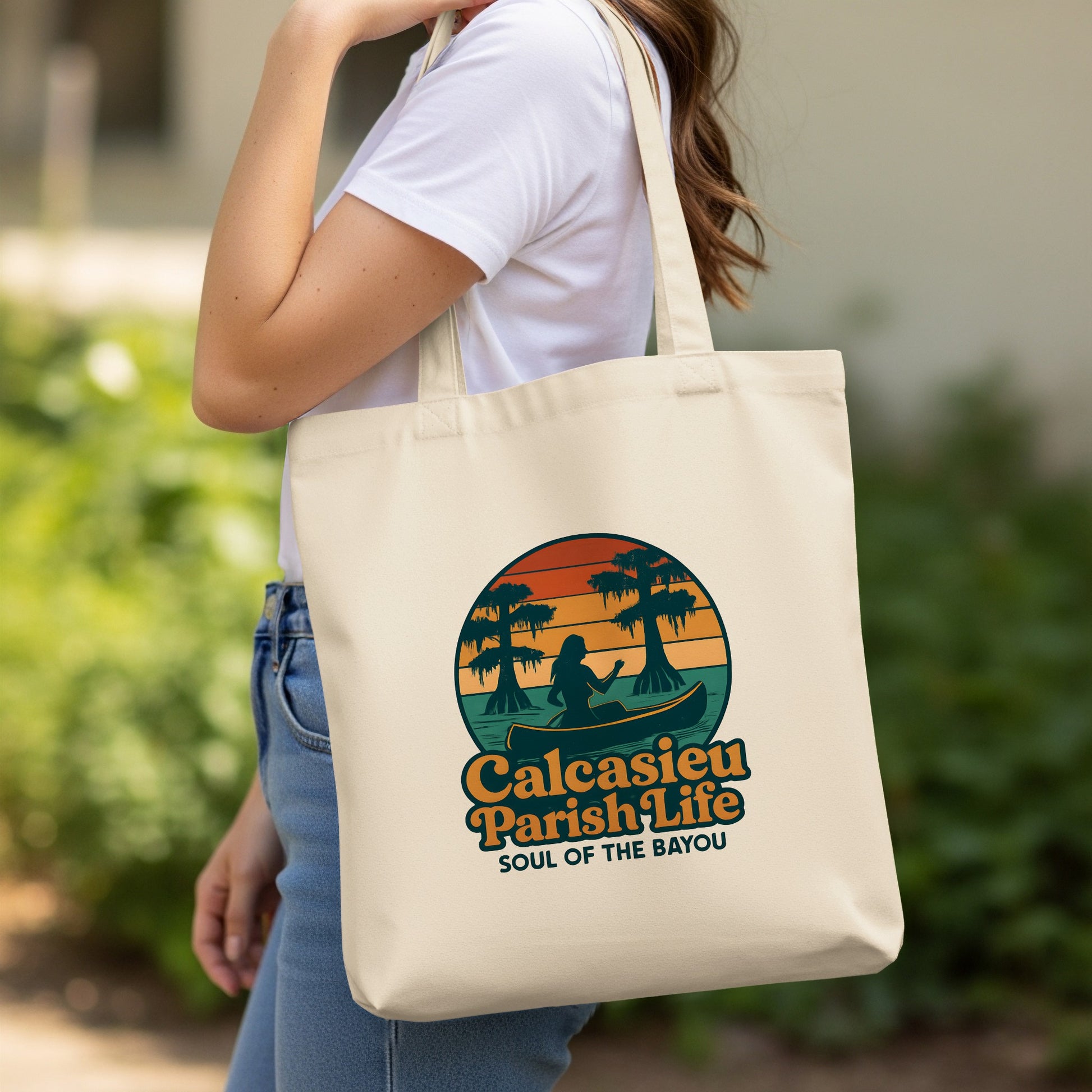 Calcasieu Parish Tote Bag, Louisiana Bayou Sunset Canvas Bag, Eco-Friendly Reusable Shopping Bag, Unique Graphic Print Personal Carryall