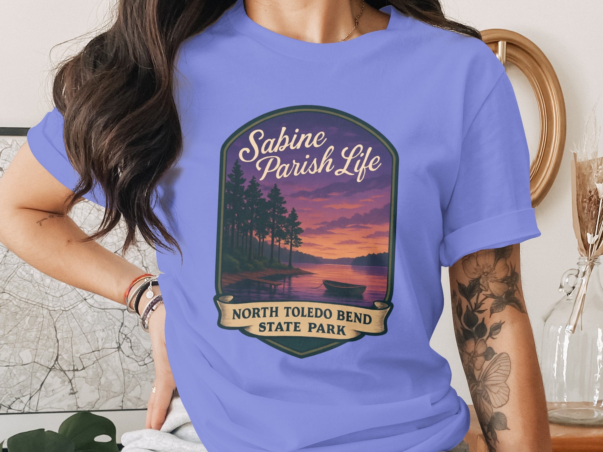 Sabine Parish Life Graphic T-Shirt, North Toledo Bend State Park Sunset, Casual Purple Tee, Nature Inspired Apparel, Unisex Fit