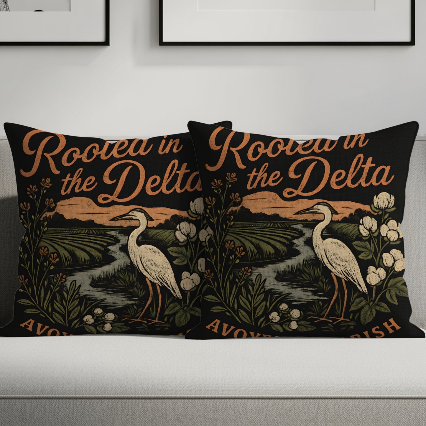 Rooted in the Delta Heron Design Throw Pillow product