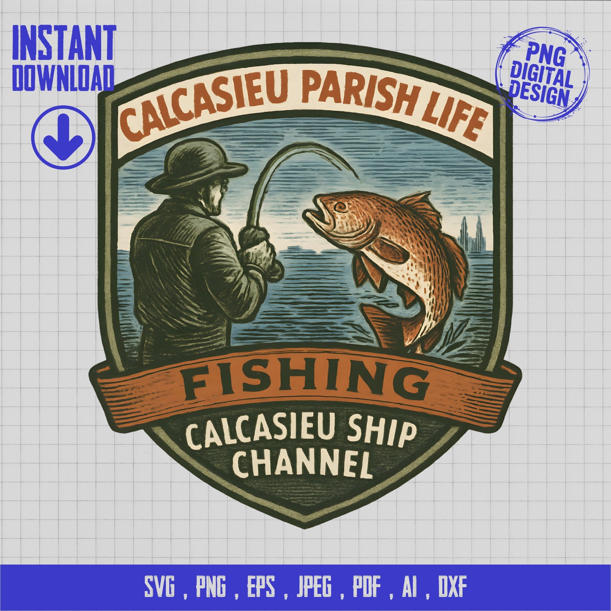 Vintage Fishing Emblem svg, Calcasieu Parish Life, Digital Download, Fisherman Clipart, Outdoor Adventure Logo, png, ai, pdf Files