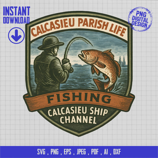 Vintage Fishing Emblem svg, Calcasieu Parish Life, Digital Download, Fisherman Clipart, Outdoor Adventure Logo, png, ai, pdf Files