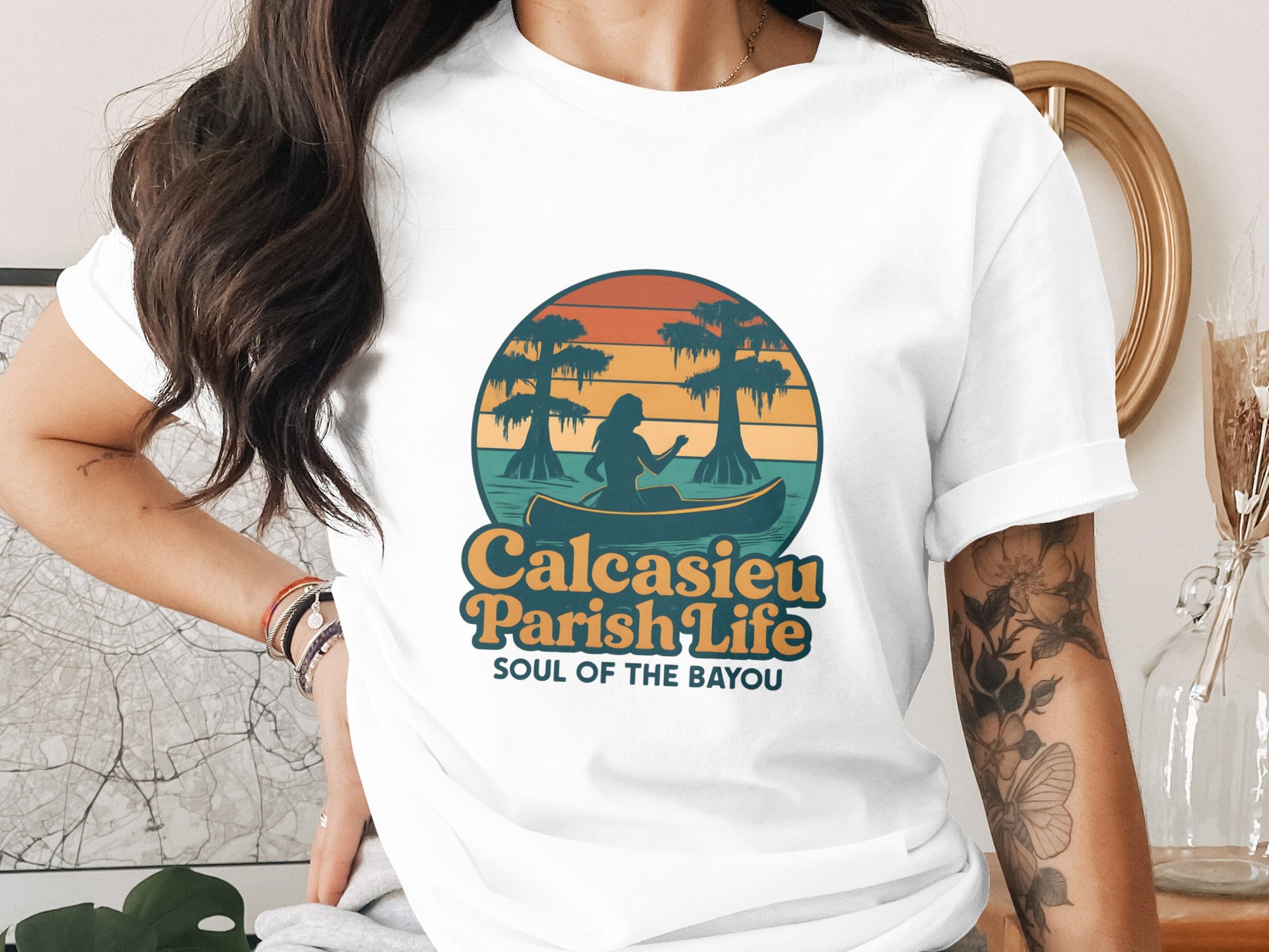 Calcasieu Parish Life T-Shirt, Soul of the Bayou Graphic Tee, Louisiana Sunset Canoe Design, Tropical Palm Tree Top