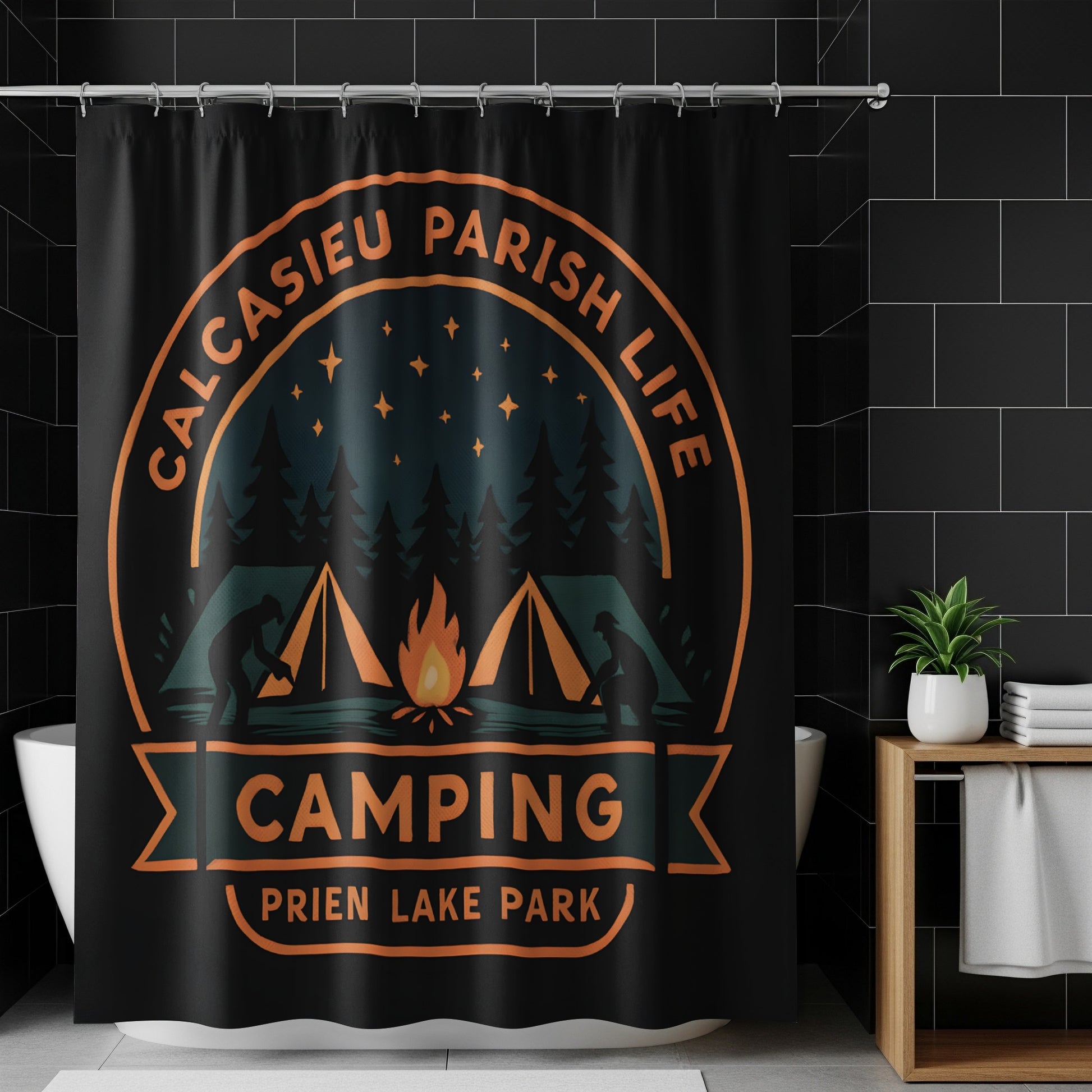 Calcasieu Parish Life Camping Shower Curtain, Prien Lake Park Decor, Nature Theme Bathroom Accessory, Starry Night Design.