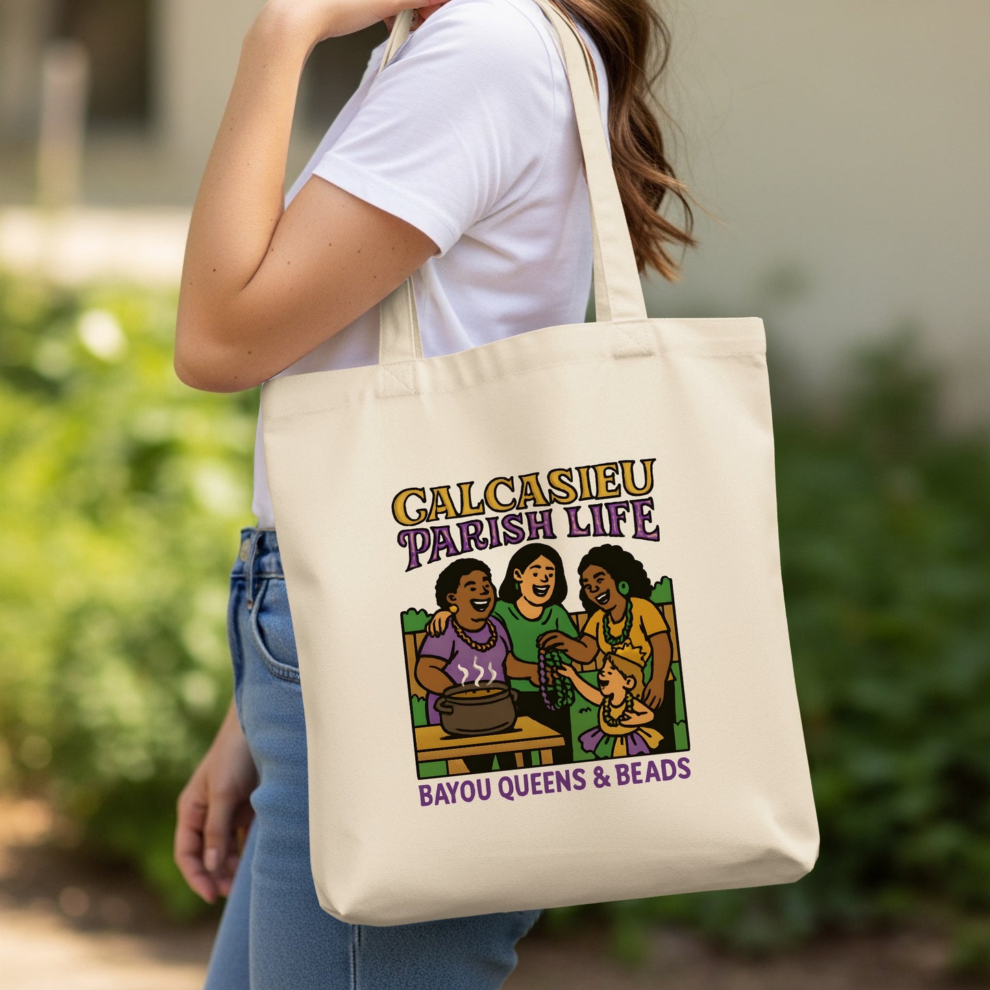 Calcasieu Parish Life Tote Bag, Bayou Queens and Beads Graphic, Durable Canvas Shopping Bag, Eco-Friendly Reusable Bag