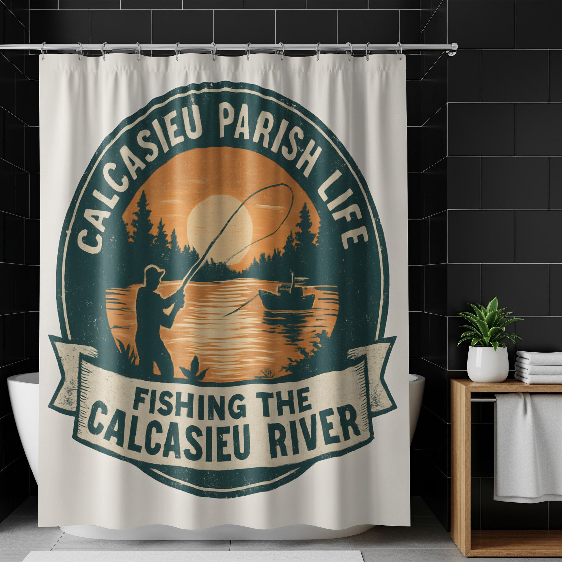 Calcasieu Parish Life Fishing River Shower Curtain, Rustic Cabin Decor, Outdoor Themed Bathroom Accessory