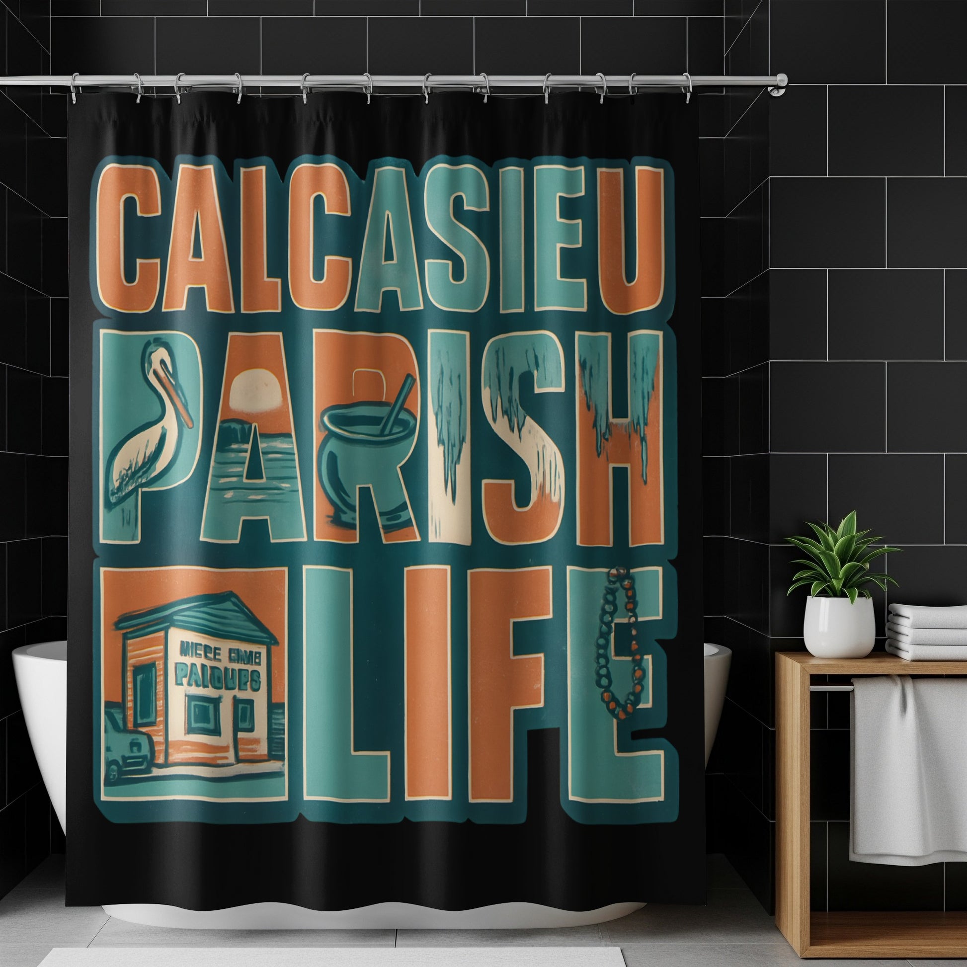 Calcasieu Parish Life Shower Curtain, Retro Vintage Design, Pelican Graphic, Bathroom Decor, Unique Home Accessory, Louisiana Inspired.