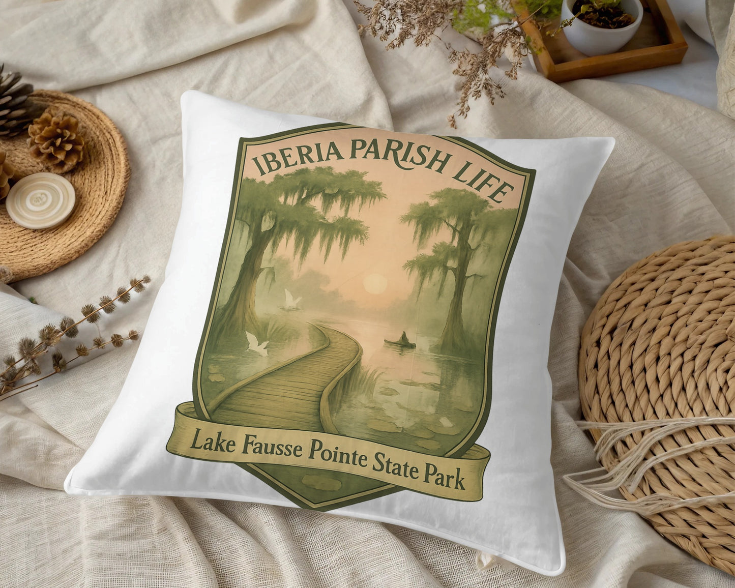 Iberia Parish Life Throw Pillow, Lake Fausse Pointe State Park Design, Decorative Cushion for Home Decor