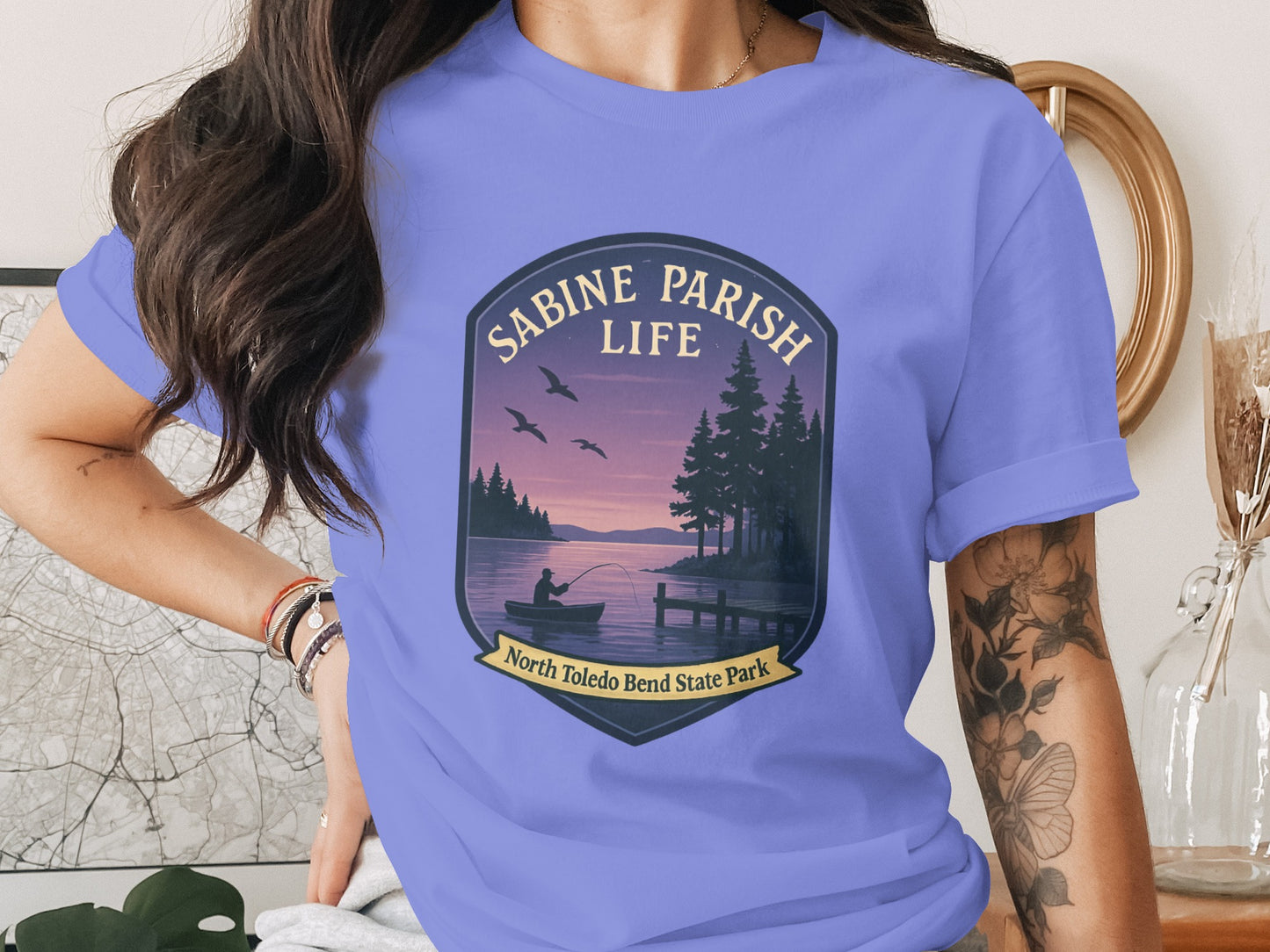 Sabine Parish Life T-Shirt, North Toledo Bend State Park, Louisiana Souvenir, Purple Graphic Tee, Vintage Style Sunset and Trees Design.