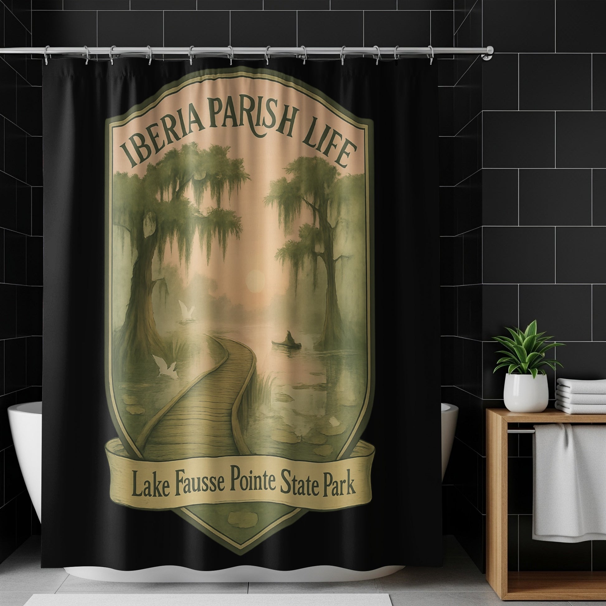 Iberia Parish Life Shower Curtain, Lake Fausse Pointe State Park Design, Swamp Scene Bath Decor, Unique Bathroom Accessory