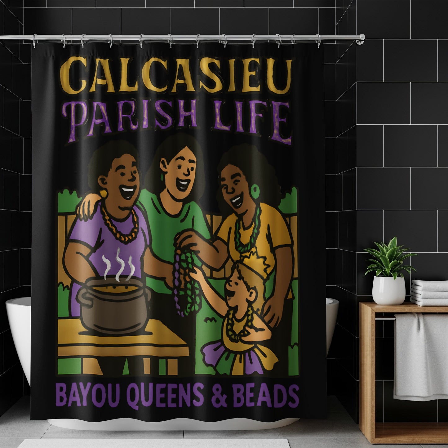 Calcasieu Parish Life Shower Curtain, Bayou Queens and Beads, Colorful Bathroom Decor, Family Mardi Gras Celebration Design
