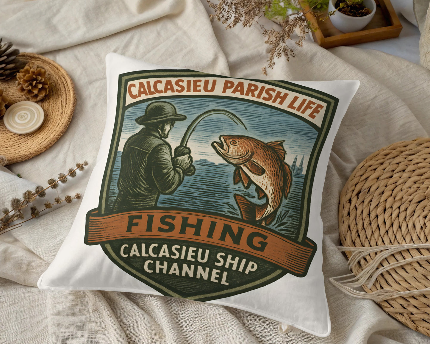 Vintage Fishing Pillow Cover, Calcasieu Parish Life Design, Coastal Decor, Nautical Throw Pillow, Fisherman Gift, Rustic Home Accessory