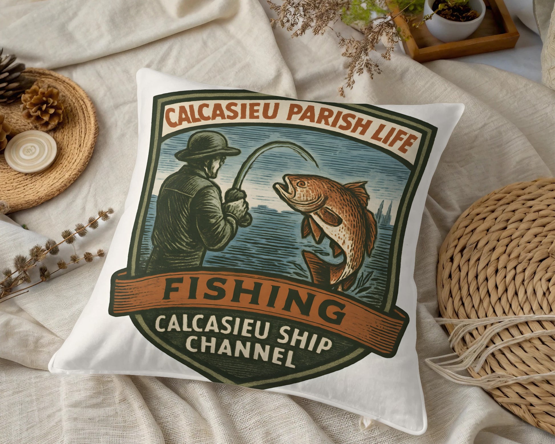 Vintage Fishing Pillow Cover, Calcasieu Parish Life Design, Coastal Decor, Nautical Throw Pillow, Fisherman Gift, Rustic Home Accessory
