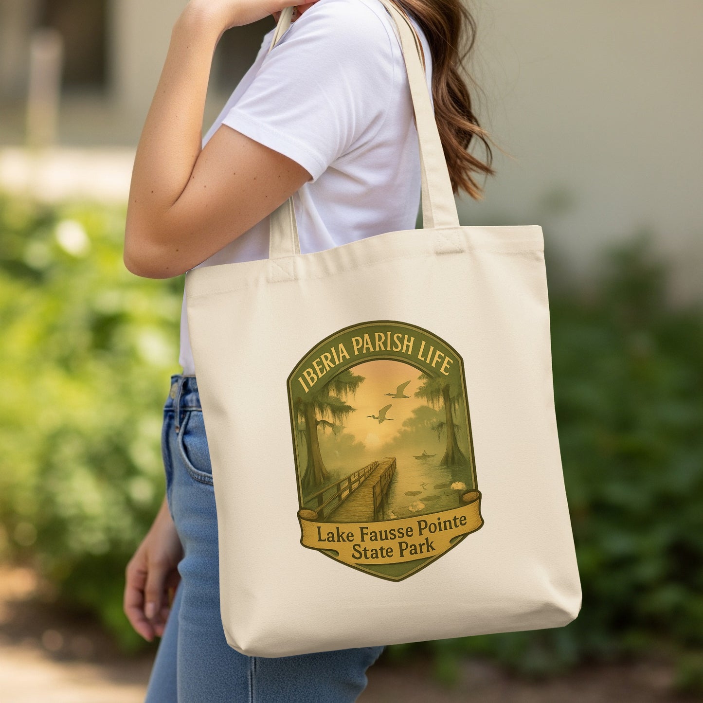 Iberia Parish Life Tote Bag, Lake Fausse Pointe State Park, Eco-Friendly Canvas Bag, Vintage Sunset Graphic, Casual Shoulder Bag