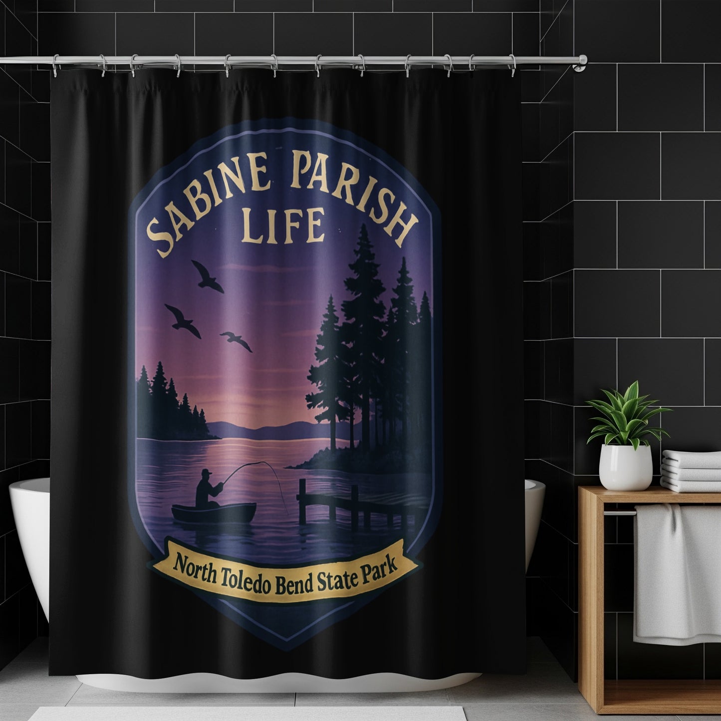Sabine Parish Life North Toledo Bend State Park Shower Curtain, Nature Scene with Fisherman and Birds Decorative Bathroom Accessory