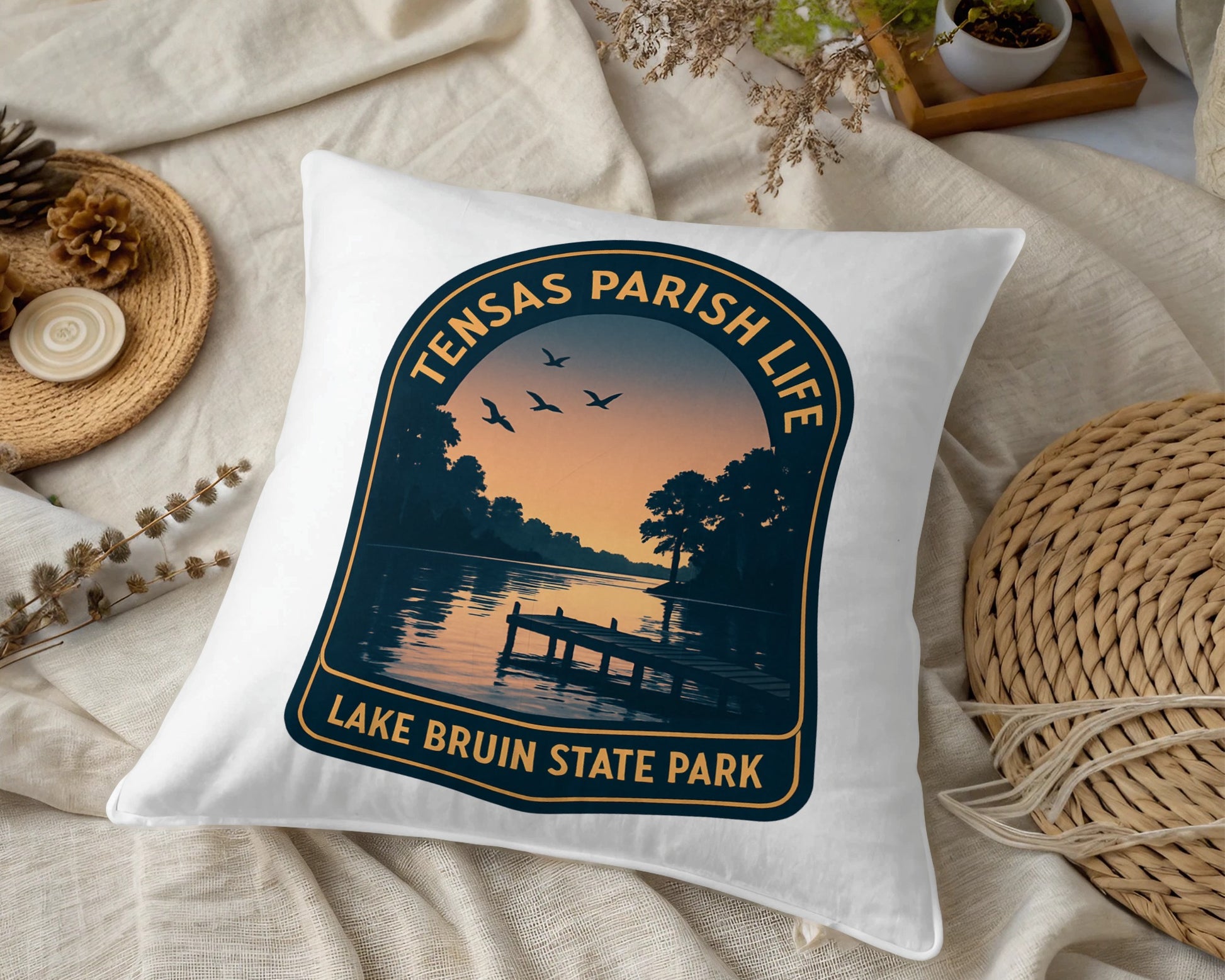 Tensas Parish Life Lake Bruin State Park Pillow, Decorative Throw Cushion, Sunset Lake Design, Home Decor, Bedroom Accent