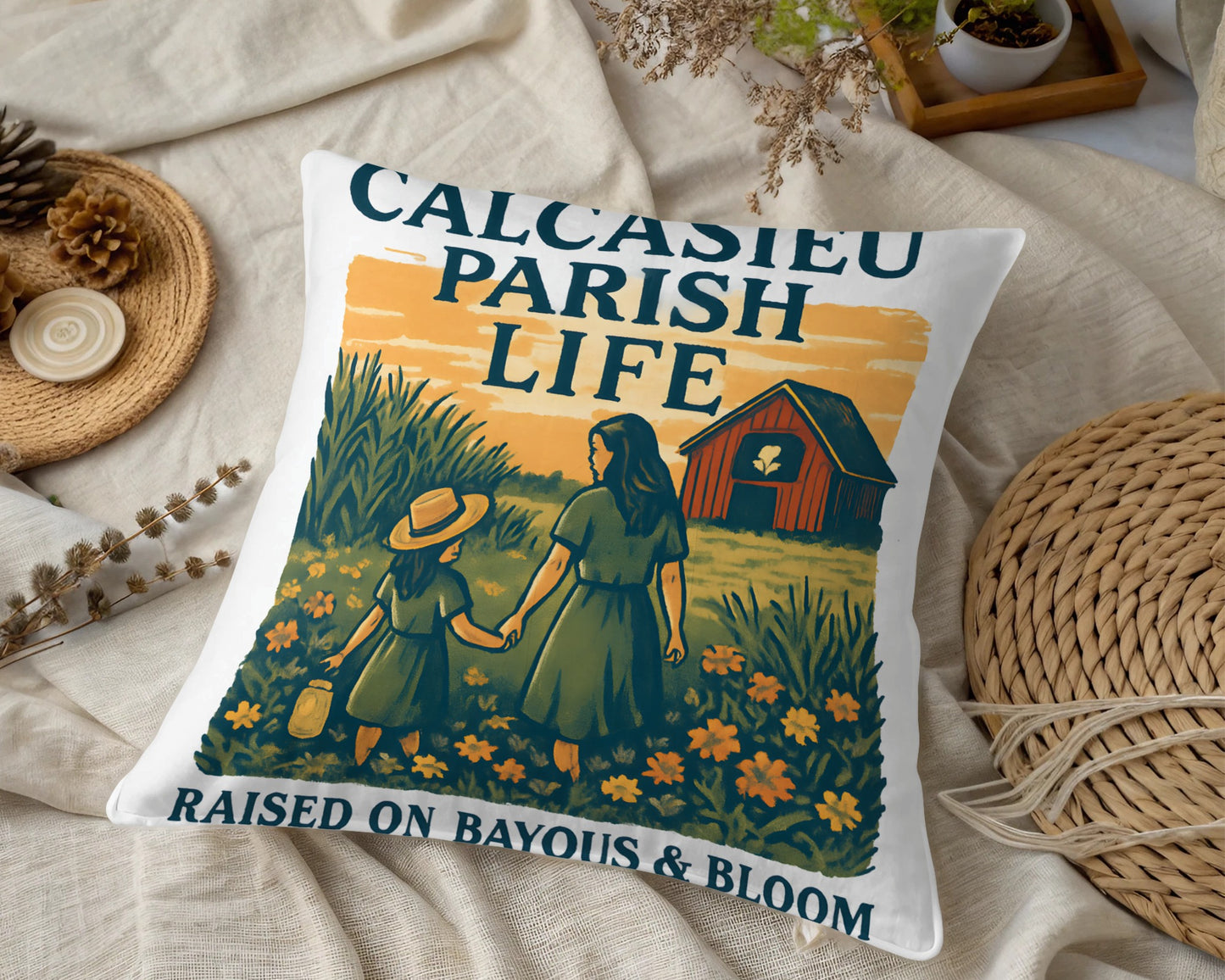 Rustic Farmhouse Pillow Cover, Calcasieu Parish Life, Country Decor, Farmhouse Cushion, Sunset Barn Design, Home Accent