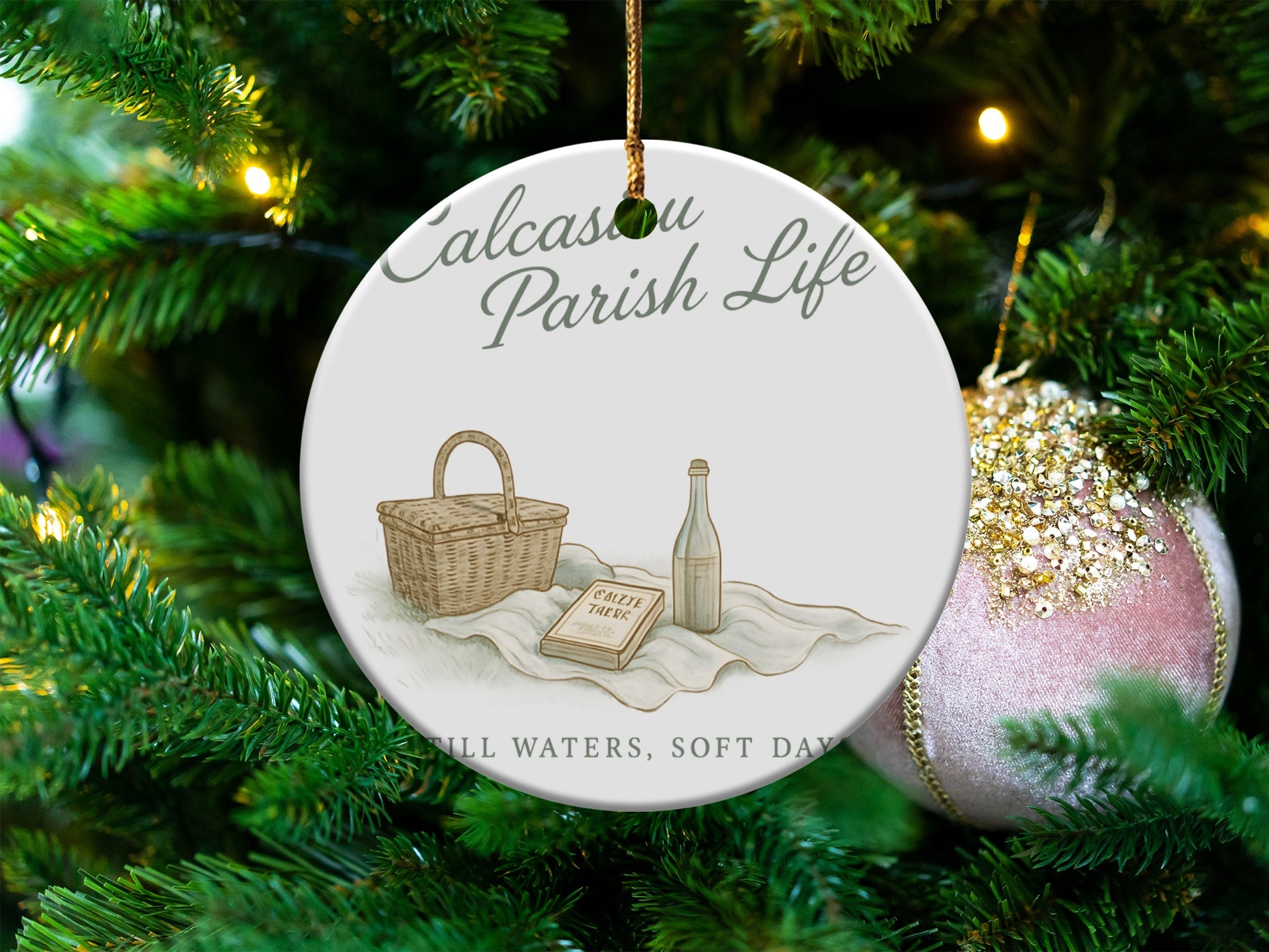 Custom Calcasou Parish Life Holiday Ornament, Rustic Basket and Bottle Design, Christmas Tree Decoration, Festive Seasonal Decor