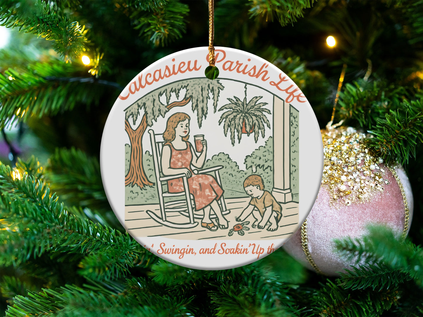 Calcasieu Parish Christmas Ornament, Vintage Style Illustration, Holiday Tree Decoration, Southern Charm, Festive Seasonal Decor