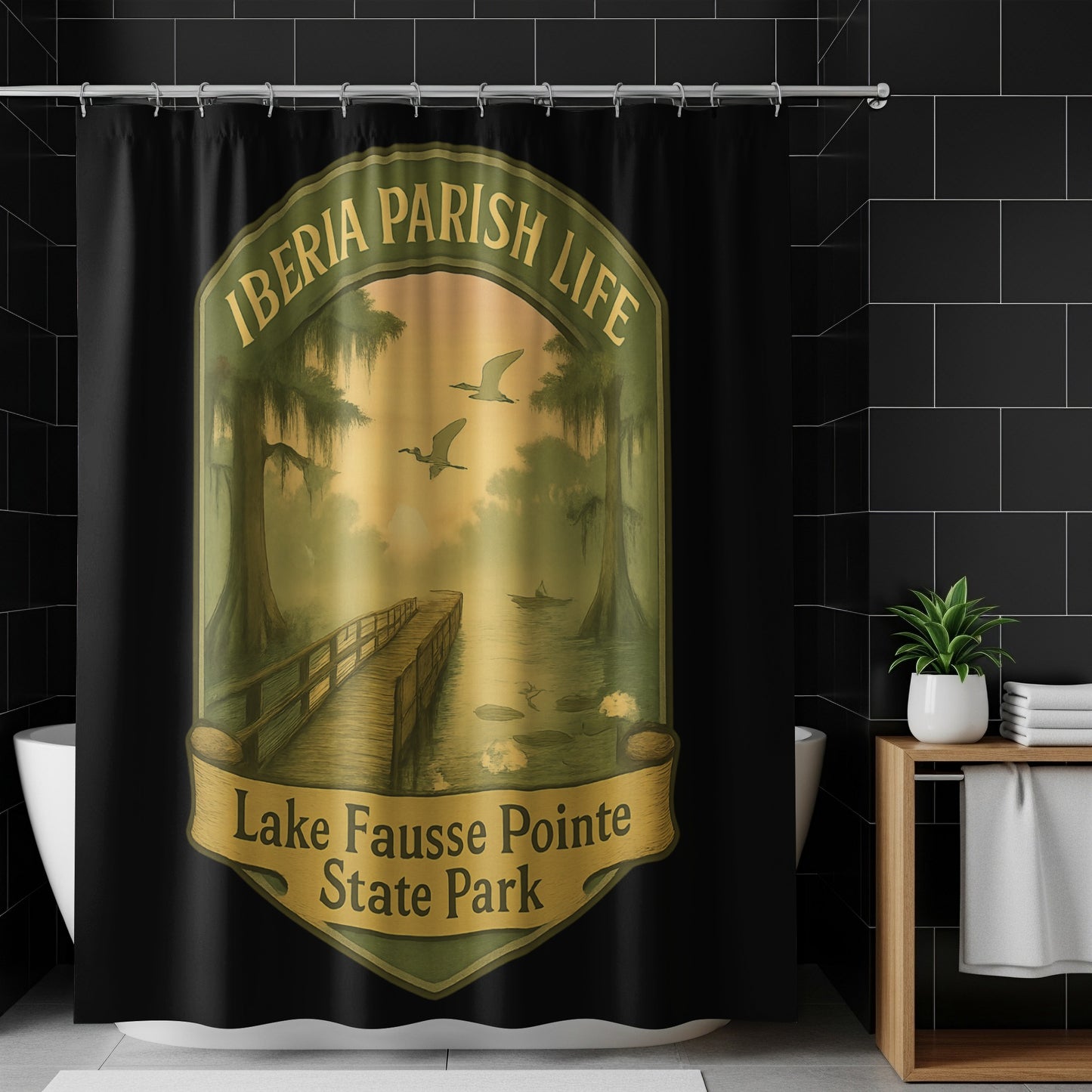 Lake Fausse Pointe State Park Shower Curtain, Vintage Style Iberia Parish Life, Bathroom Decor with Scenic Nature Design