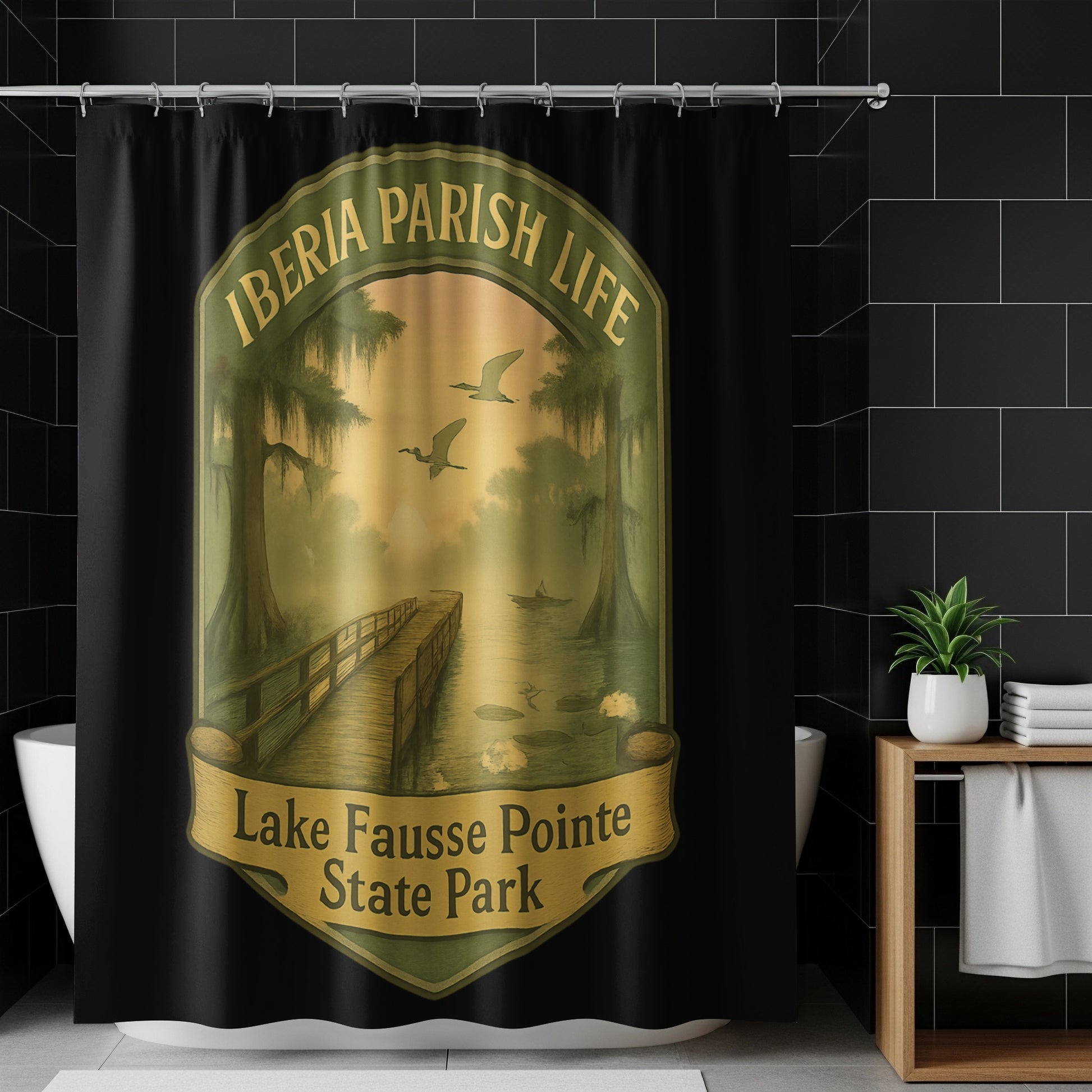 Lake Fausse Pointe State Park Shower Curtain, Vintage Style Iberia Parish Life, Bathroom Decor with Scenic Nature Design