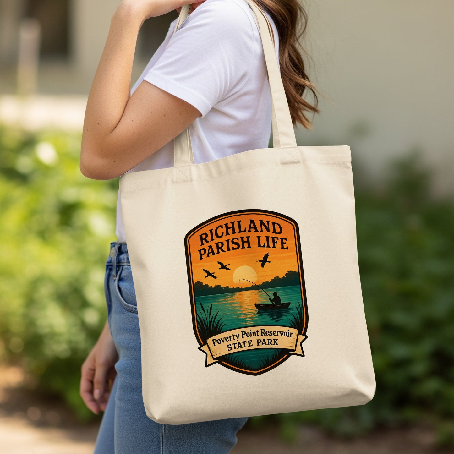Richland Parish Life Tote Bag, Sunset Fishing Graphic, Canvas Tote for Outdoor Enthusiasts, Durable Everyday Bag