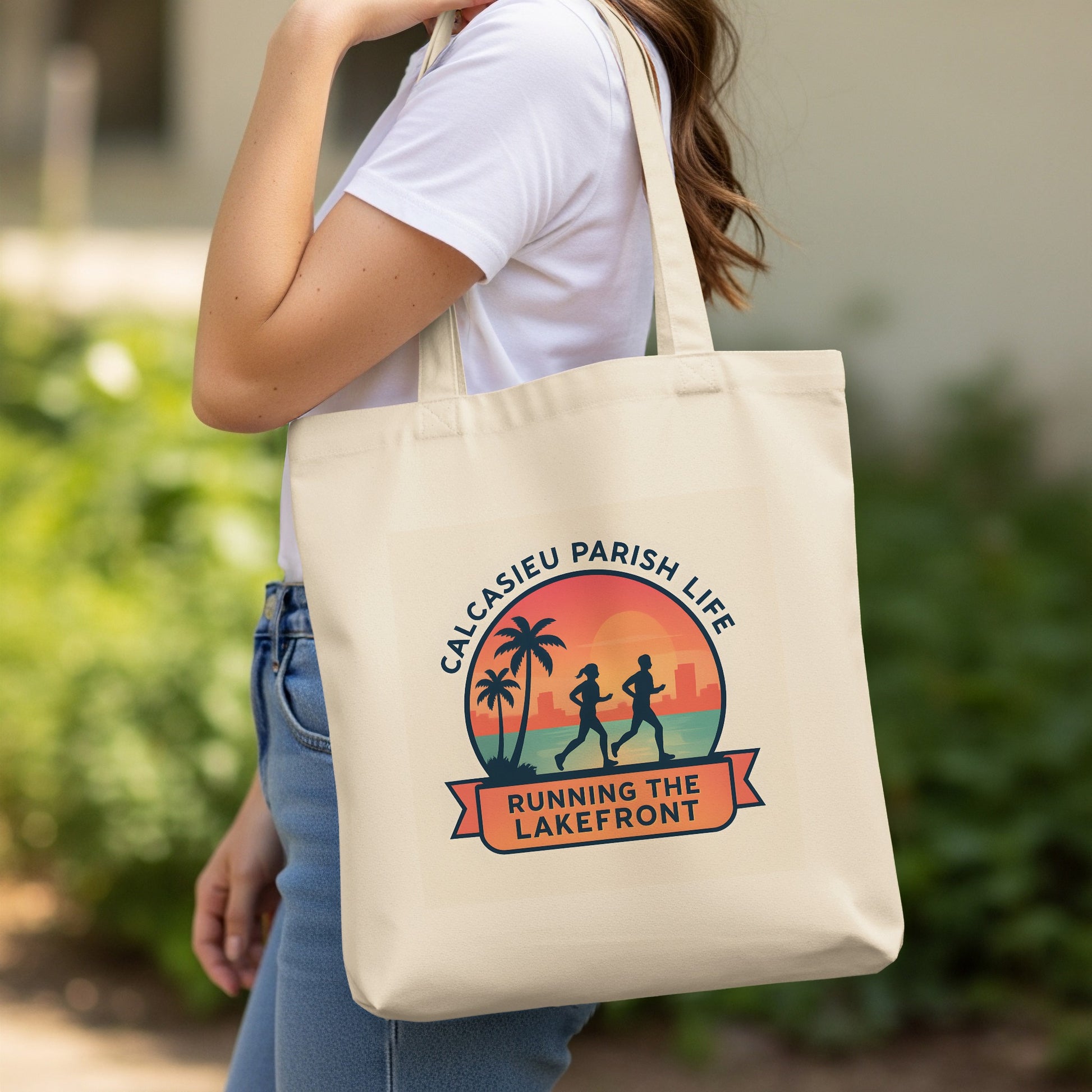 Calcasieu Parish Life Canvas Tote Bag, Running the Lakefront Graphic, Eco-Friendly Reusable Bag