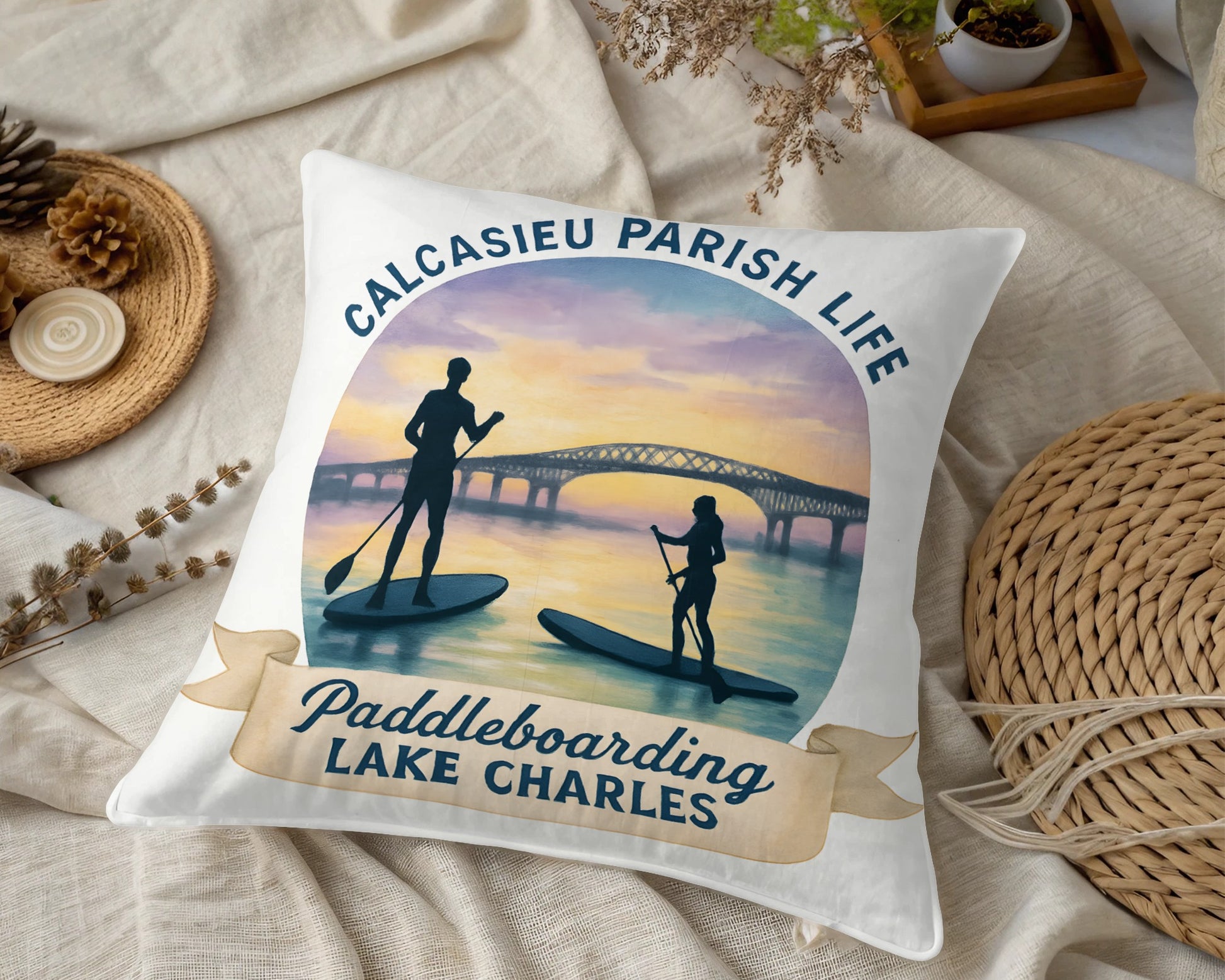 Calcasieu Parish Life Paddleboarding Lake Charles Pillow, Sunset Stand Up Paddle, Home Decor, Gift Idea